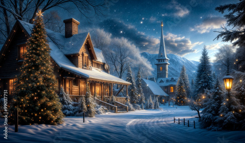 Serene Christmas Winter Scene with Quaint Wooden Church and Snow-Covered Village - Peaceful and Festive Atmosphere Concept