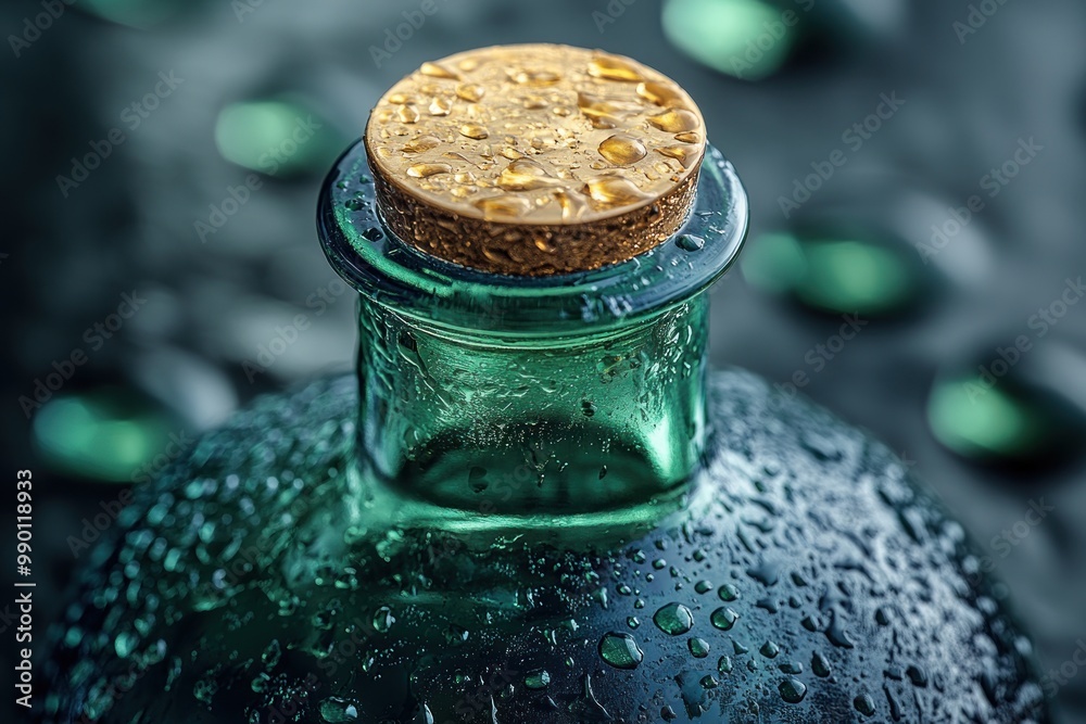 Green Bottle With Golden Lid and Water Drops Green Bottle With Golden Lid and Water Drops