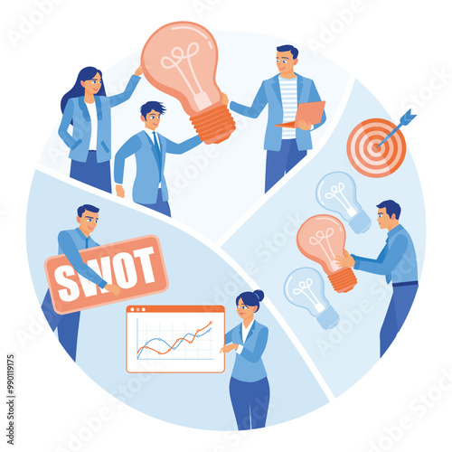 Project management by business teams. SWOT analysis, SMART goal setting, focus groups. Business analysis instruments concept. Flat vector illustration.