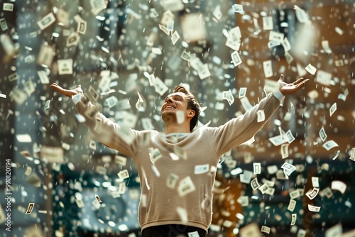 Wealth and Prosperity: A Rich Man Celebrating Abundance in a Rain of Money photo