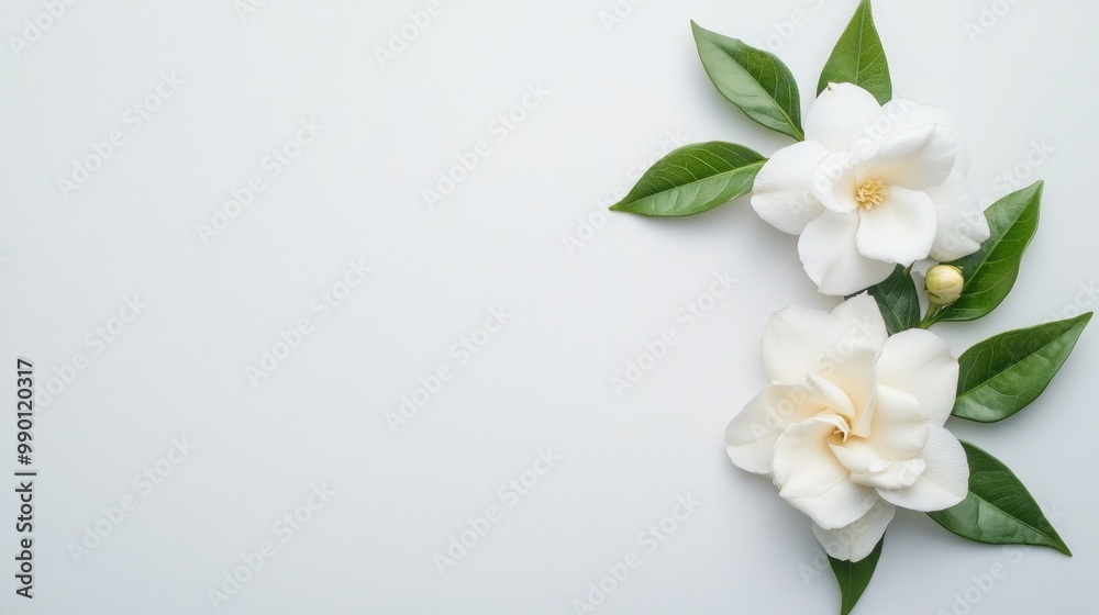 Obraz premium Elegant gardenia bloom, pristine white backdrop, delicate petals highlighted, serene and minimalist aesthetic, inviting calmness and simplicity, perfect for tranquil decor.