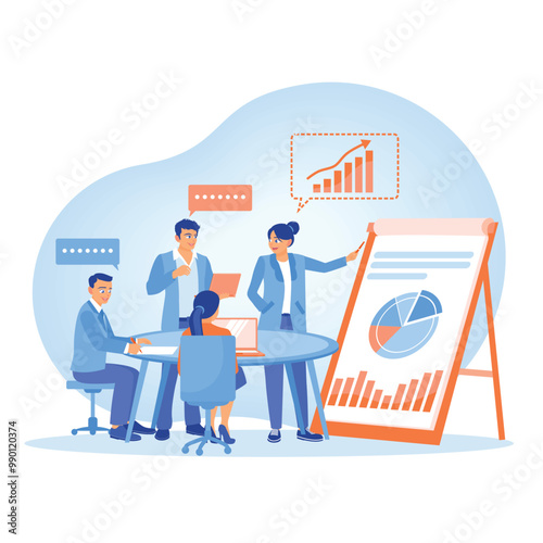 Business team discussing at the conference table. Analyze data and plan business. Business analysis instruments concept. Flat vector illustration.