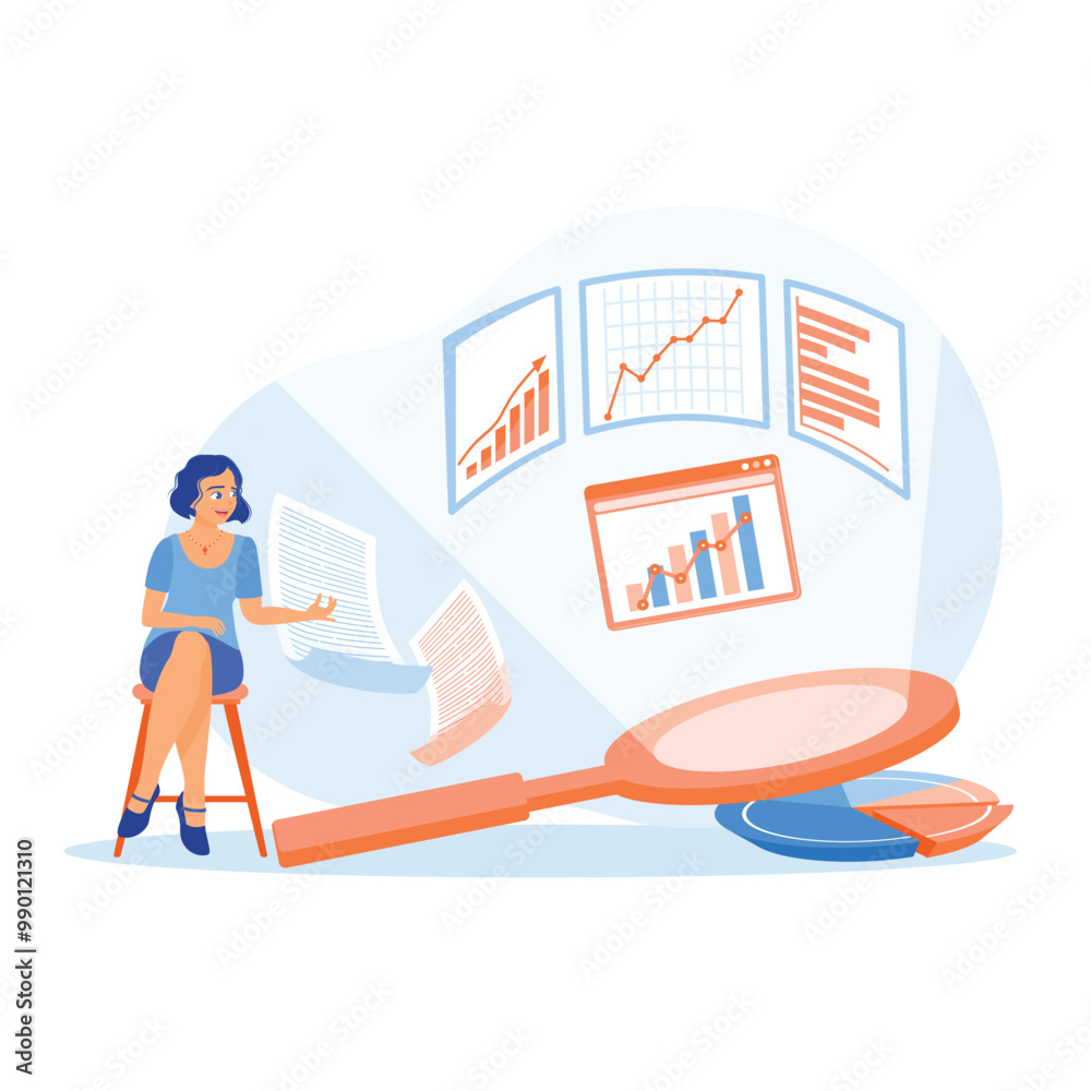 Obraz premium The businesswoman is in front of a projector screen. Young woman analyzing infographic data. Business analysis instruments concept. Flat vector illustration.