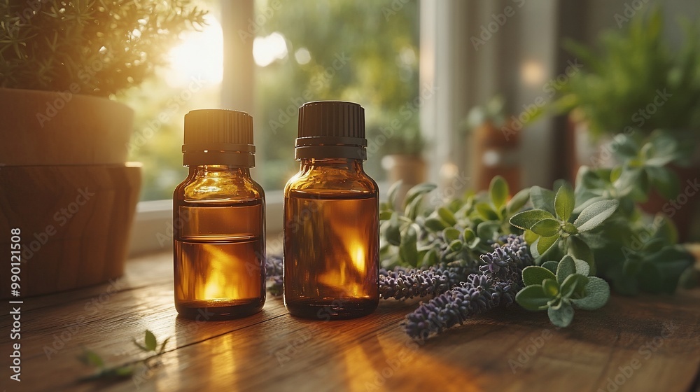 Two amber bottles of essential oil with lavender and oregano plants on a wooden table with a sunny window in the background.