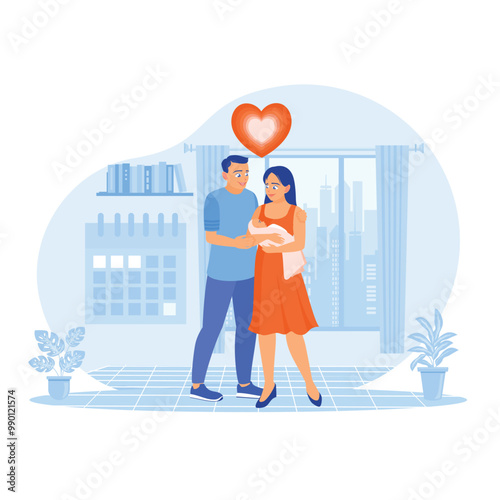 Parental care of children. A married couple holding a newborn baby. Maternity and paternity leave concept. Flat vector illustration.