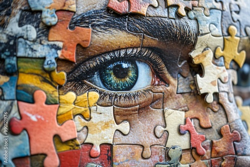 A puzzle-piece figure with a missing section, representing the nuanced layers of identity and the ongoing search for self-awareness