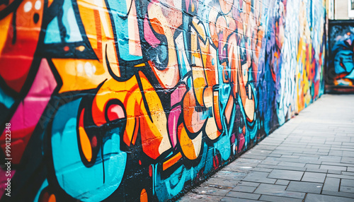 A graffiti-covered urban wall, showcasing vibrant colors, bold lines, and an edgy, artistic vibe