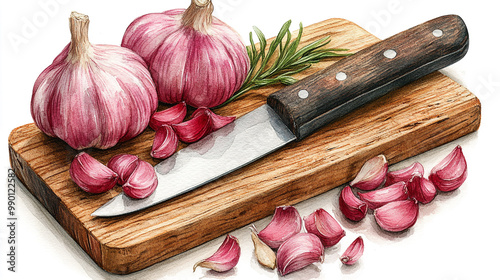 An artistic display of garlic cloves and a knife on a wooden cutting board, perfect for culinary themes and food preparation. photo