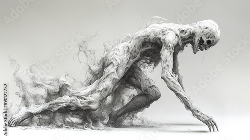 An eerie, ghostly figure crawls through a misty landscape, embodying elements of horror and fantasy in a unique artistic style.