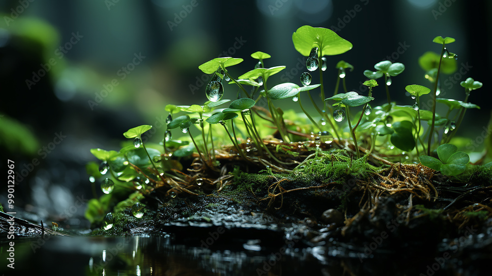 green forest, dew drops and wet rain on young leaves and shoots in the depths of the green forest of the wild green forest, dew drops and wet rain on young leaves and shoots in the depths of the green forest of the wild