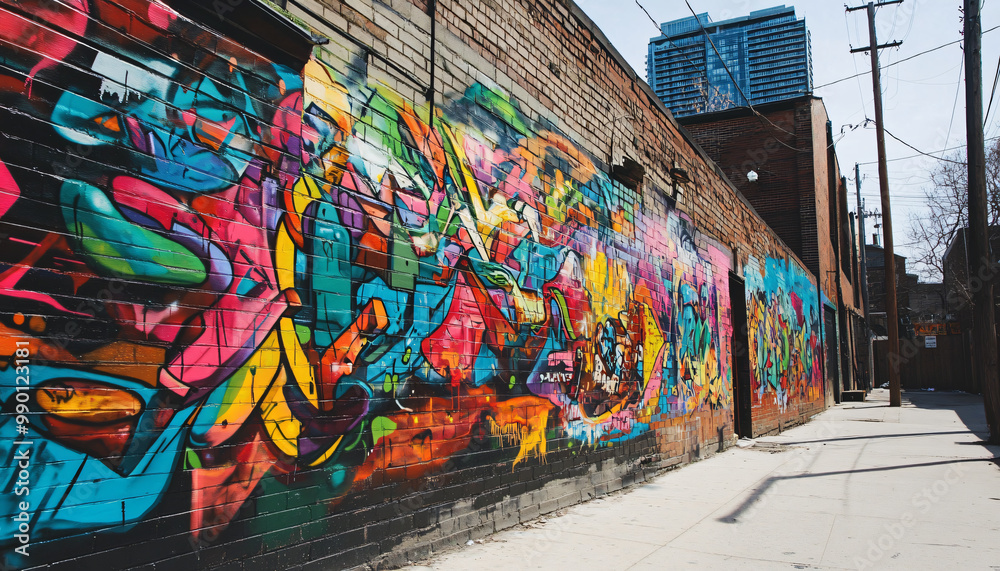 Fototapeta premium A graffiti-covered urban wall, showcasing vibrant colors, bold lines, and an edgy, artistic vibe
