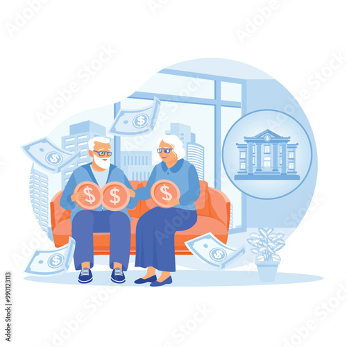 Pension schemes. Senior parents manage and save finances for the future. Maternity and paternity leave concept. Flat vector illustration.