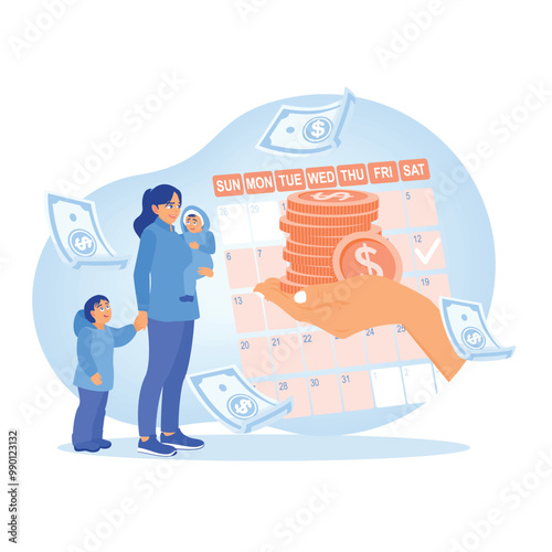 Parental allowance. Maternity leave, payments to mothers during leave. Maternity and paternity leave concept. Flat vector illustration.