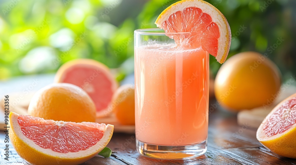 Refreshing glass of grapefruit juice with fresh fruit slices on a wooden table. Refreshing glass of grapefruit juice with fresh fruit slices on a wooden table.