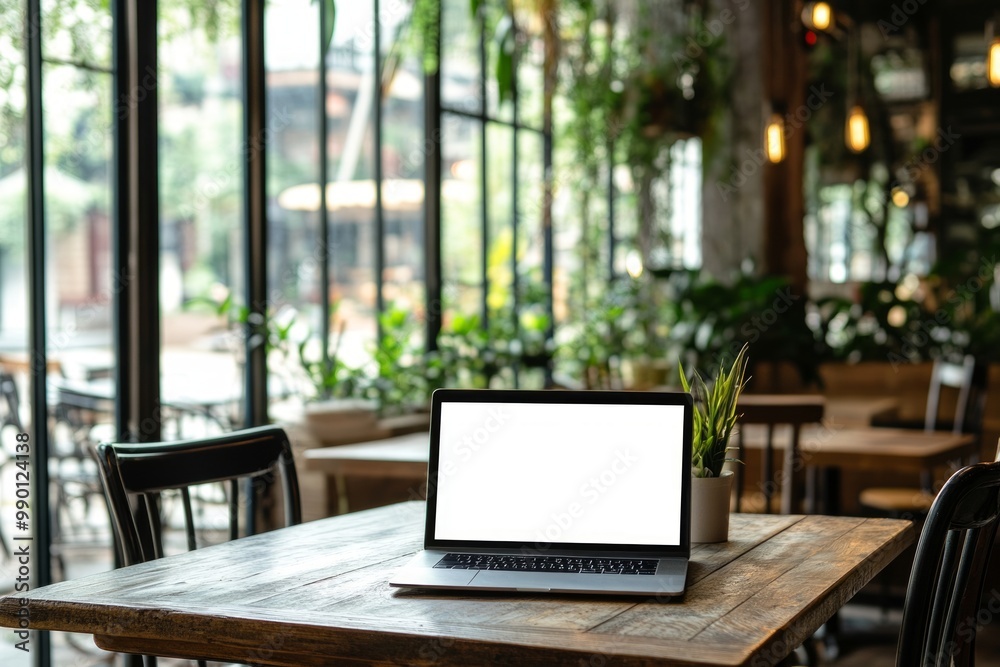 Bright café scene with a blank laptop on a wooden table Bright café scene with a blank laptop on a wooden table