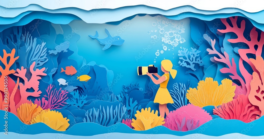 Vibrant Underwater Papercut Scene with Diver Taking Photos of Marine Life Vibrant Underwater Papercut Scene with Diver Taking Photos of Marine Life