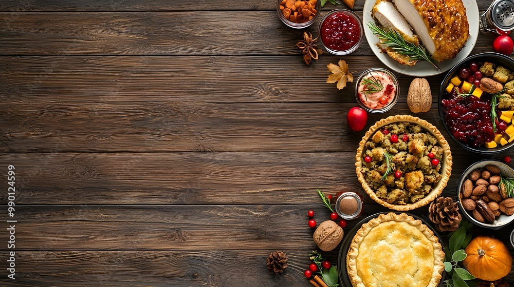 A Thanksgiving feast display featuring turkey, stuffing, pies, and various sides on a rustic wooden table. Thanksgiving Concept A Thanksgiving feast display featuring turkey, stuffing, pies, and various sides on a rustic wooden table. Thanksgiving Concept