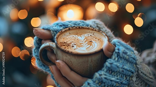 Hands Holding a Cup of Coffee with Latte Art Against a Bokeh Background photo