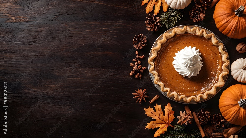 A mouthwatering pumpkin pie topped with fluffy whipped cream, surrounded by autumn leaves, pumpkins, and pinecones. Thanksgiving Concept