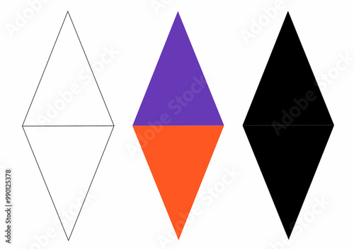 The image shows three magnetic shapes arranged horizontally. The left shape is outlined in white, the middle shape is divided into two parts with purple on top and orange on the bottom