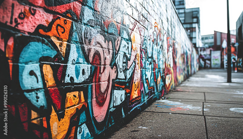 A graffiti-covered urban wall, showcasing vibrant colors, bold lines, and an edgy, artistic vibe