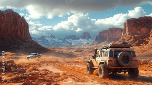 Two vehicles navigating a rugged desert landscape with mountains.