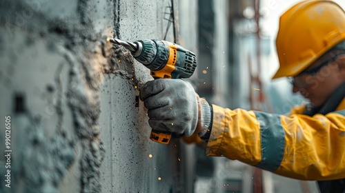 Construction Worker Drilling a Hole in a Wall