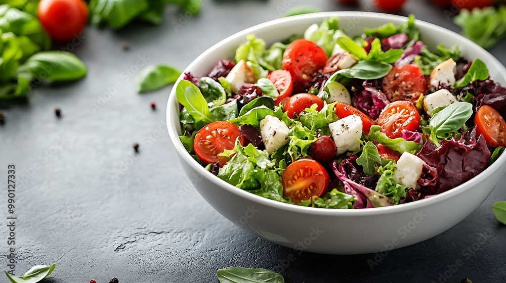 A close-up of a salad bowl surrounded by fresh ingredients on a plain background, leaving space for text on the left A close-up of a salad bowl surrounded by fresh ingredients on a plain background, leaving space for text on the left