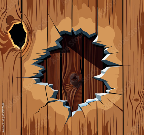 Big round hole in wooden wall showing darkness