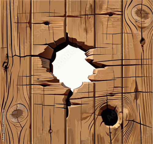Big round hole in wooden wall showing darkness