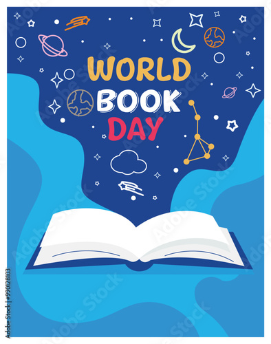 Book Day with astronomical doodles. The importance of knowledge from a book. Happy Book Day concept. Flat vector illustration.
