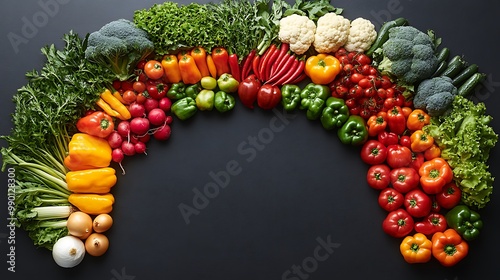 A fresh assortment of colorful vegetables arranged in a semi-circle on a plain background, leaving room for text in the center photo