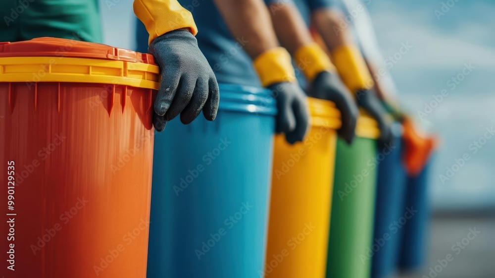 Diverse group of volunteers in various countries collecting recyclables, global unity for environmental cleanup, with flags and recycling bins in focus Diverse group of volunteers in various countries collecting recyclables, global unity for environmental cleanup, with flags and recycling bins in focus