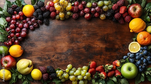 Fototapeta Naklejka Na Ścianę i Meble -  A rustic wooden table adorned with a variety of colorful fruits and vegetables, with a large open area to the right for text