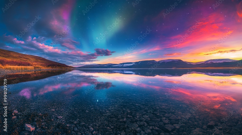 Fototapeta premium Vibrant Lake Reflections, a serene lake mirrors the dazzling aurora lights above, showcasing a stunning display of dynamic colors in a tranquil natural setting.