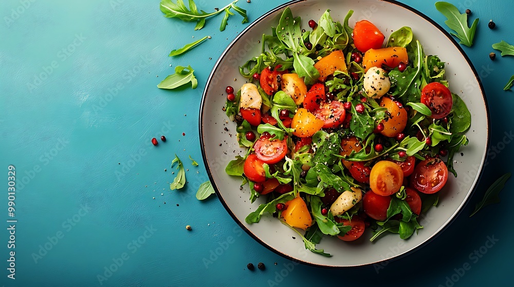 A white plate filled with a colorful vegetarian dish, centered on a clean background with ample space for text A white plate filled with a colorful vegetarian dish, centered on a clean background with ample space for text