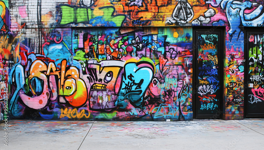 Fototapeta premium A graffiti-covered urban wall, showcasing vibrant colors, bold lines, and an edgy, artistic vibe