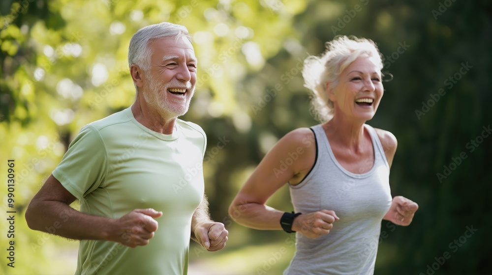 An energetic senior couple jogs happily through a vibrant park, relishing the fresh air, sunshine, and each other’s company while promoting healthy living An energetic senior couple jogs happily through a vibrant park, relishing the fresh air, sunshine, and each other’s company while promoting healthy living