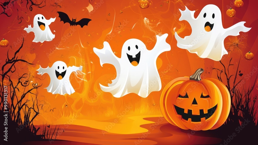 A vibrant Halloween backdrop showcases playful ghosts floating around smiling pumpkins, creating a fun and spooky ambiance ideal for the holiday A vibrant Halloween backdrop showcases playful ghosts floating around smiling pumpkins, creating a fun and spooky ambiance ideal for the holiday