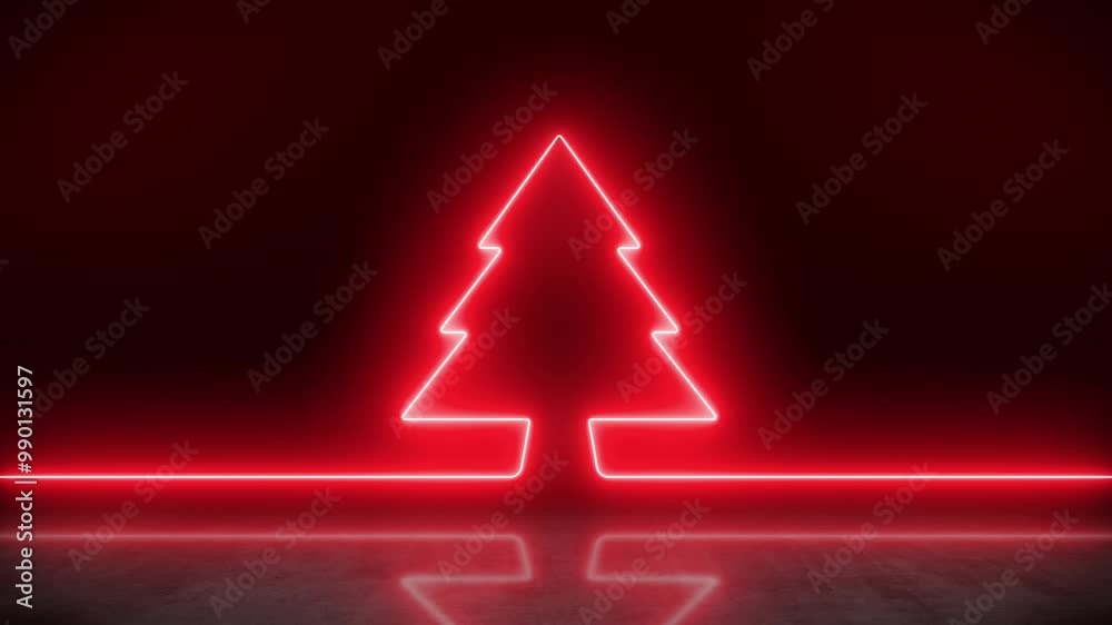 Video animation of glowing neon Christmas tree in red on reflective floor - Abstract background - vacation concept - seamless loop.