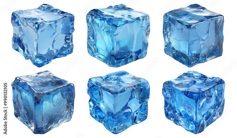 Fototapeta premium Set of blue ice cubes with sharp edges and glossy surface isolated on transparent background