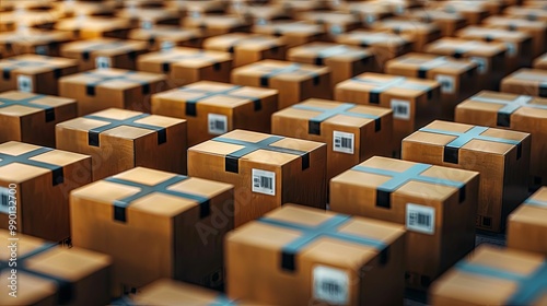 Rows of Cardboard Boxes with Blue Tape and Barcodes