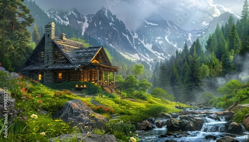 Rustic log cabin by mountain stream in lush forest