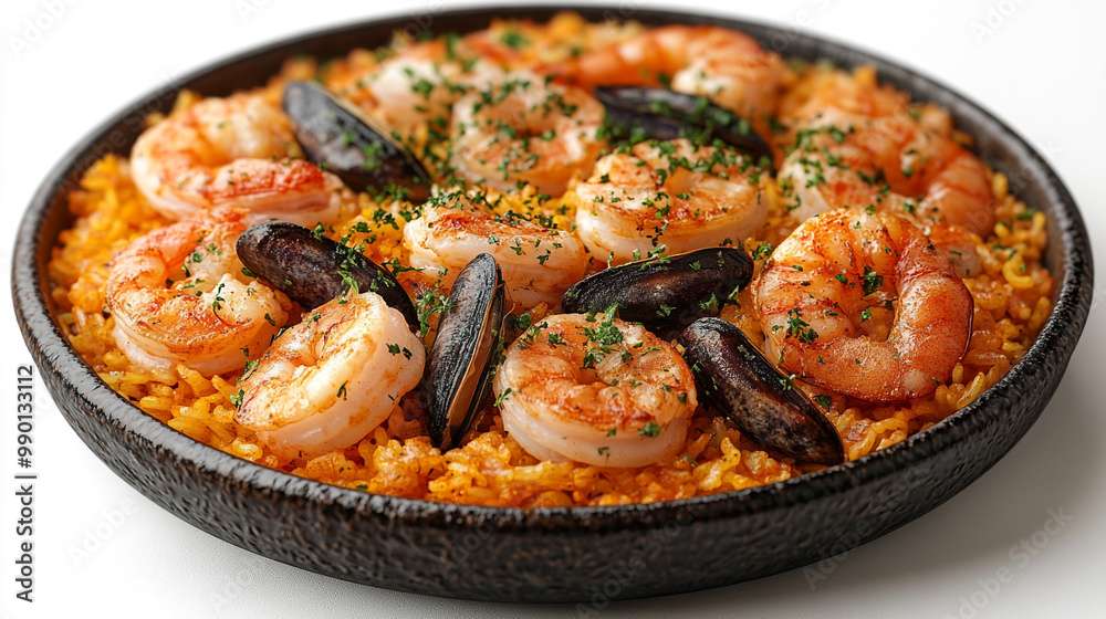 Delicious seafood paella, featuring shrimp and mussels on a bed of flavorful saffron rice, garnished with herbs. Delicious seafood paella, featuring shrimp and mussels on a bed of flavorful saffron rice, garnished with herbs.