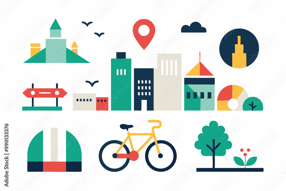 Minimalist urban landscape with bicycles and city landmarks design for green transportation awareness Minimalist urban landscape with bicycles and city landmarks design for green transportation awareness