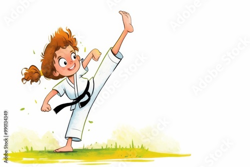 Girl practicing karate, white isolate background