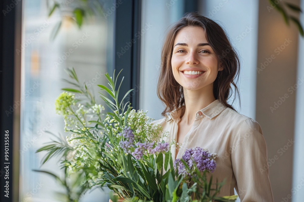 A happy employee, smiling and holding flowers, stands beside a large office window, celebrating a workplace achievement A happy employee, smiling and holding flowers, stands beside a large office window, celebrating a workplace achievement
