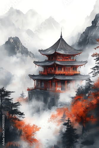 Paintings using watercolors ink, Landscape with Japanese pagoda and mountains.