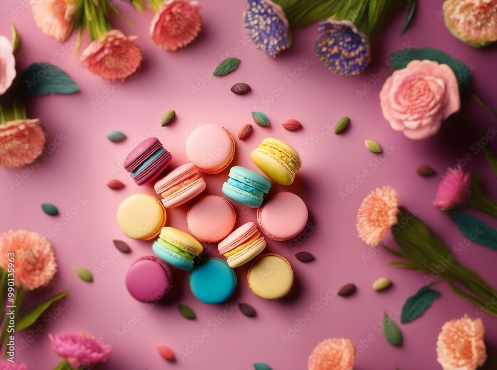 Colorful macarons and delicate flowers are arranged in a delightful pattern on a vibrant pink background. Colorful macarons and delicate flowers are arranged in a delightful pattern on a vibrant pink background.