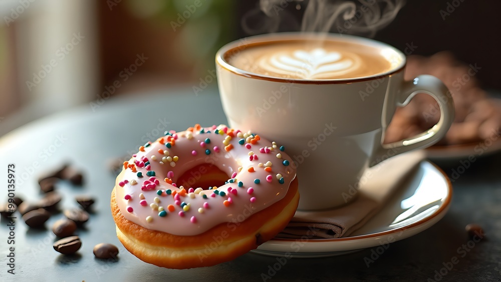 A delightful pairing of coffee and a freshly glazed doughnut, showcasing the perfect blend of rich flavors. This indulgent treat is a classic favorite for any time of day. A delightful pairing of coffee and a freshly glazed doughnut, showcasing the perfect blend of rich flavors. This indulgent treat is a classic favorite for any time of day.